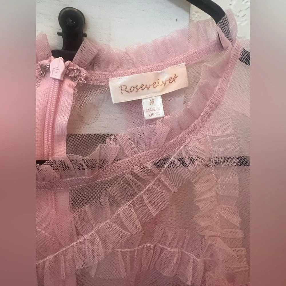 Rosevelvet Pink Floral Tulle Ruffle Mini Dress | Cottagecore NWT- M - Picture 2 of 9